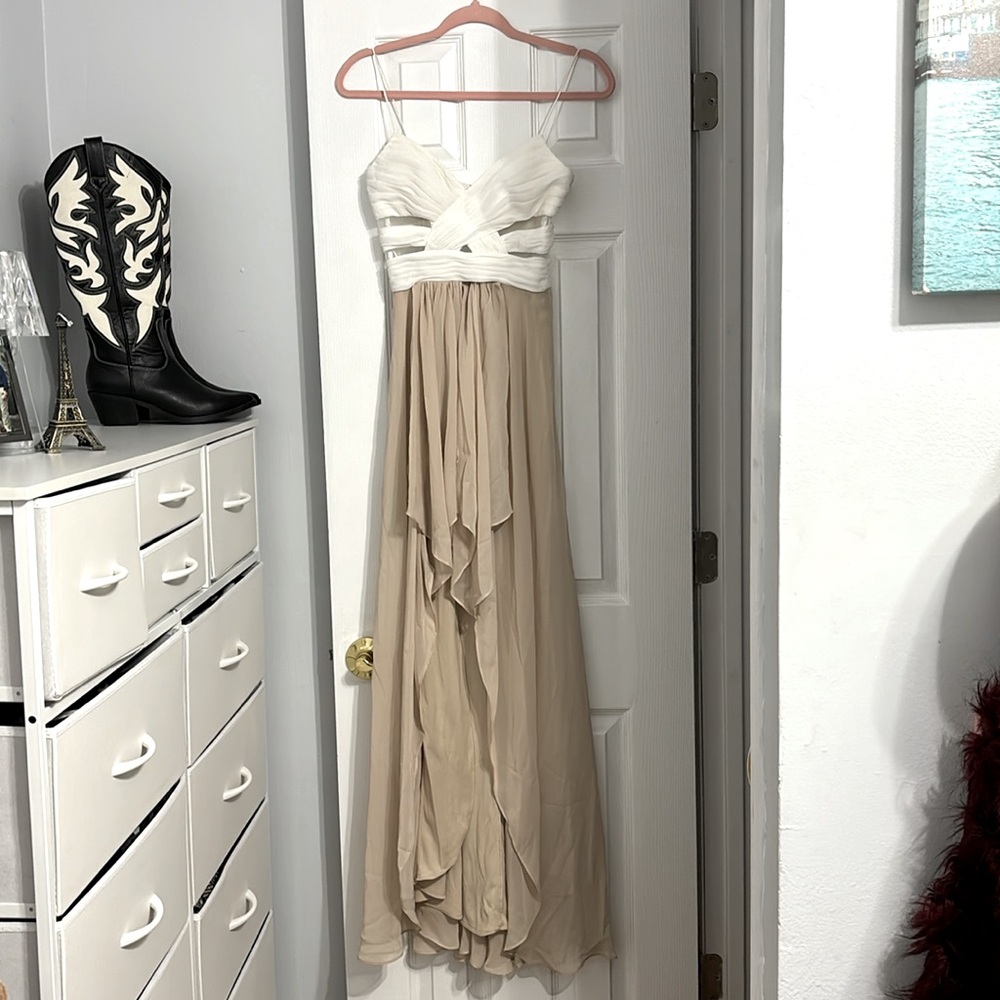 Long white and tan formal dress